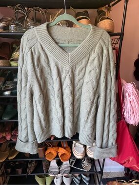 Abercrombie & Fitch Cable Knit V-Neck Sweater — Sage